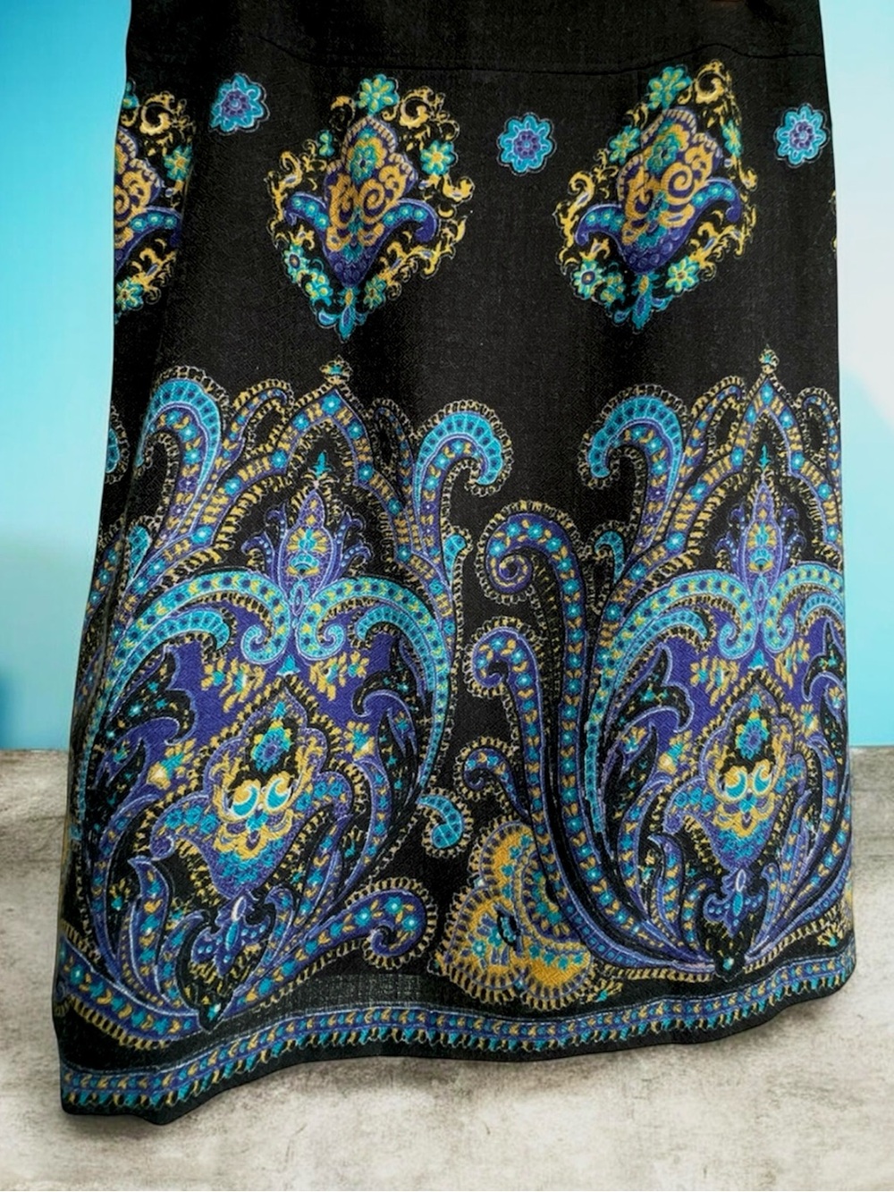 Lands’ End Wool Skirt - Black Purple Teal Gold Paisley Knee/Length Skirt
